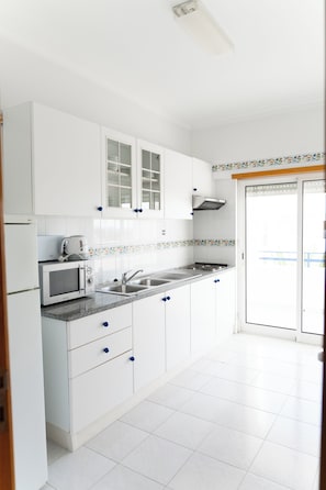 Full-sized fridge, microwave, stovetop, electric kettle