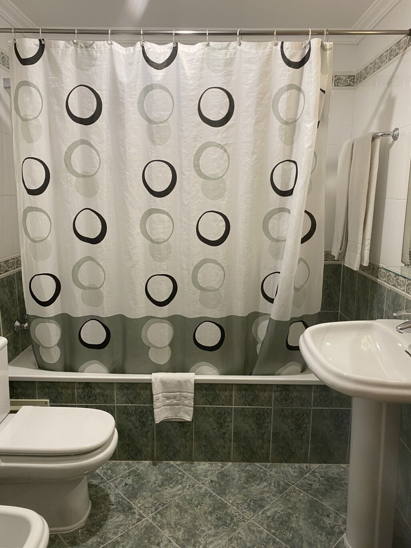 Un baño con cortina de ducha estampada con diseños circulares, inodoro, lavabo y un perchero para toallas.