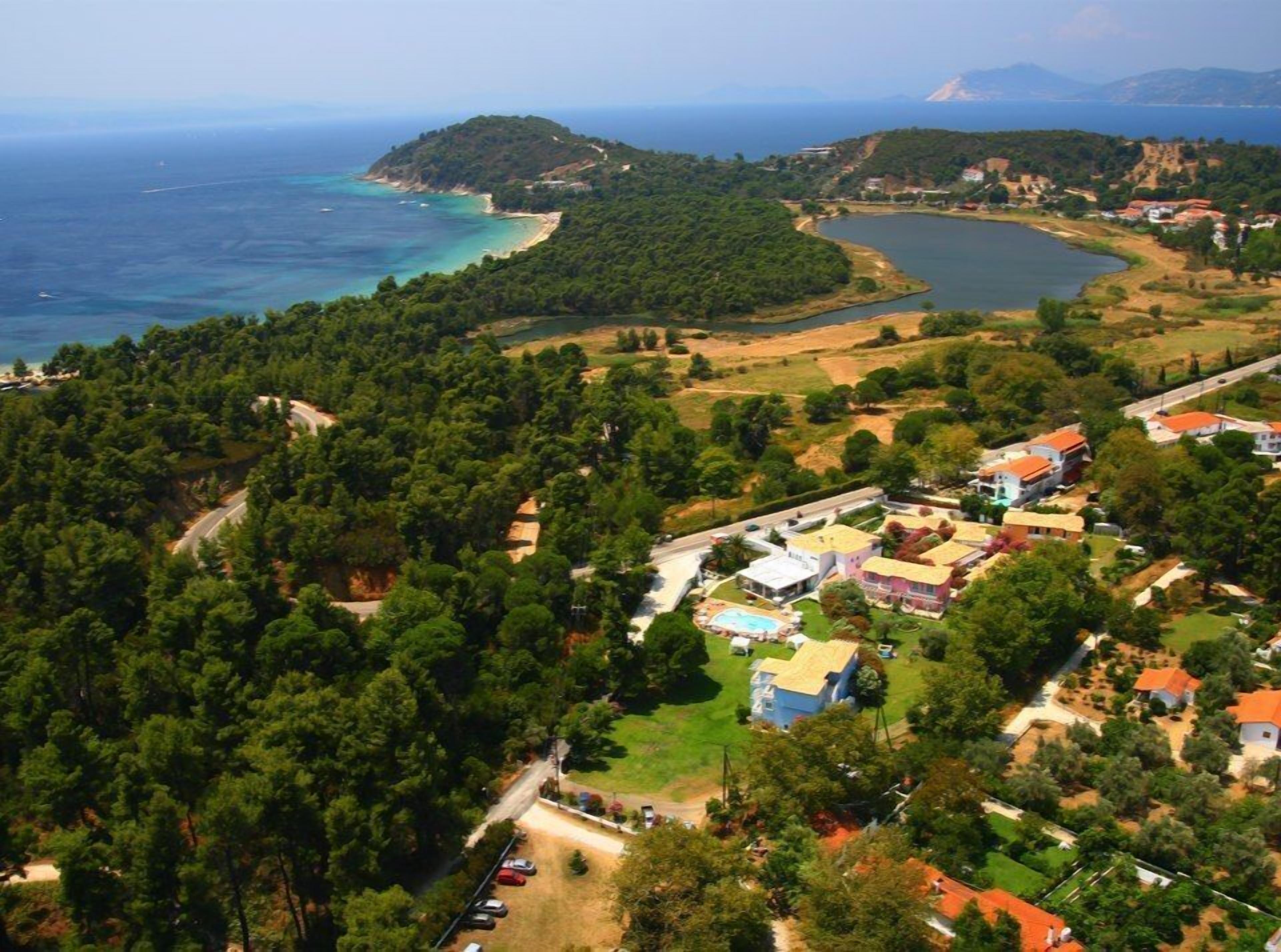 Vista aérea de una zona costera con bosque denso, una pequeña playa y un conjunto de casas con piscinas visibles.