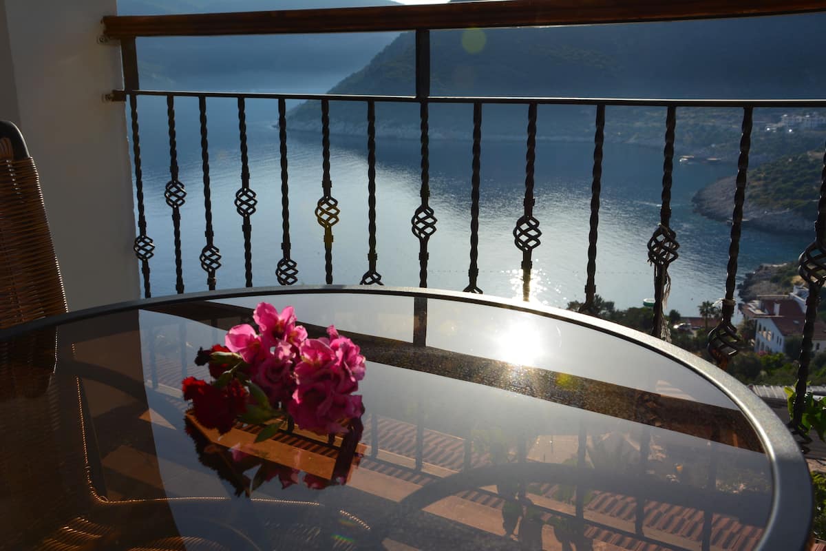 A balcony with a glass table and a vase of flowers, overlooking a coastal view with a mountain in the background.