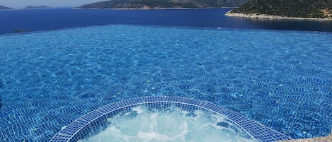 Seasonal outdoor pool, open 10:00 AM to 7:00 PM, pool umbrellas