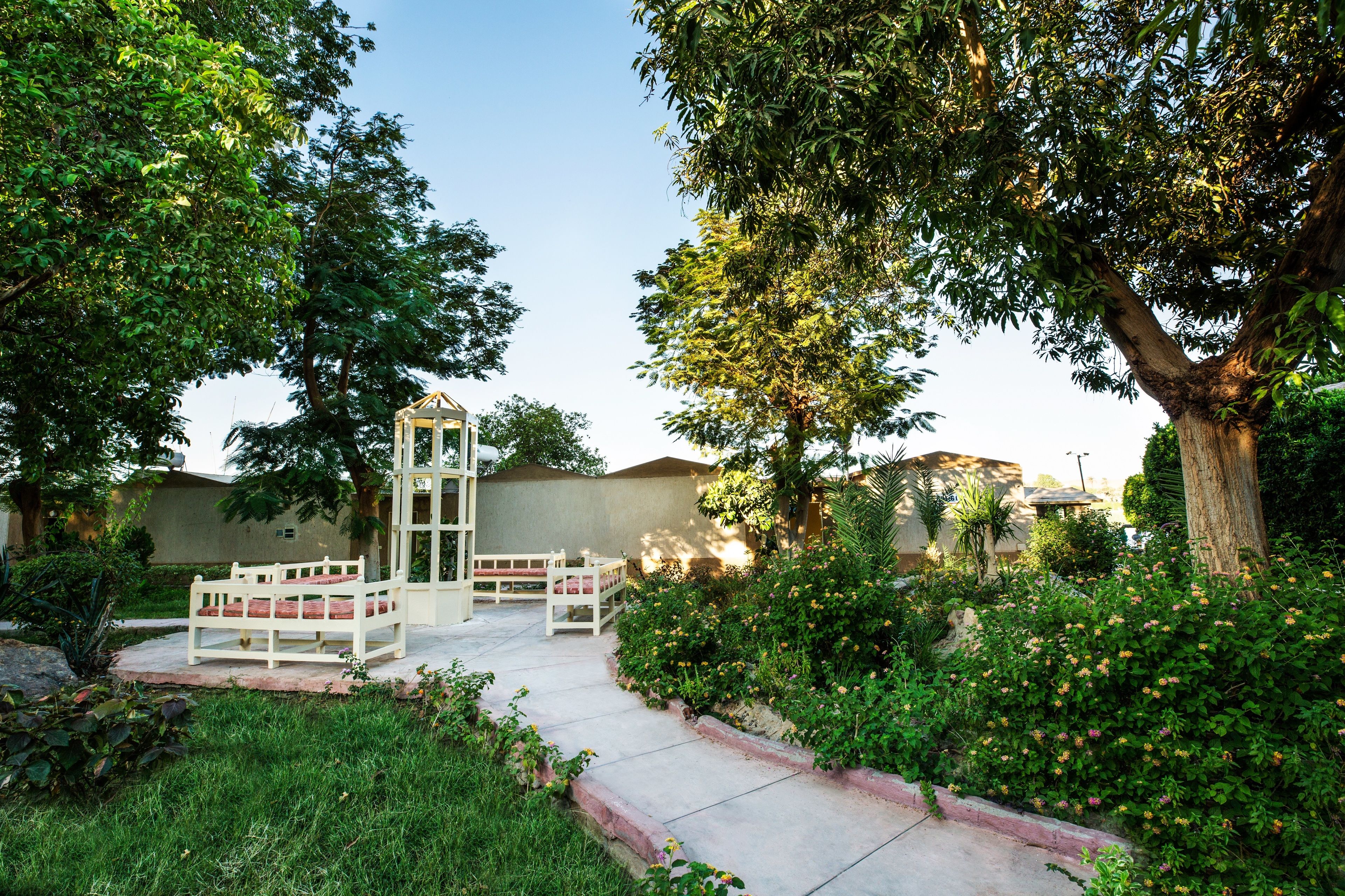 A garden with a gazebo, a white bench, and a pathway.