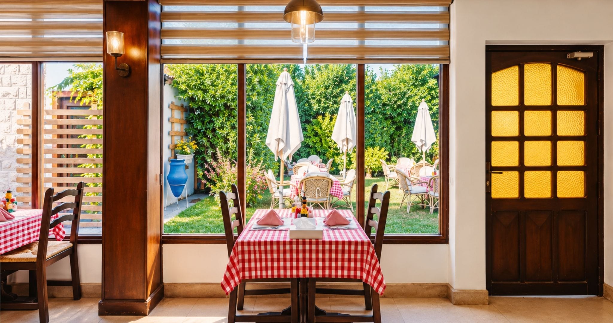 Un coin repas avec une table dressée pour deux personnes, une porte en bois et une vue sur un jardin extérieur agrémenté de parasols.
