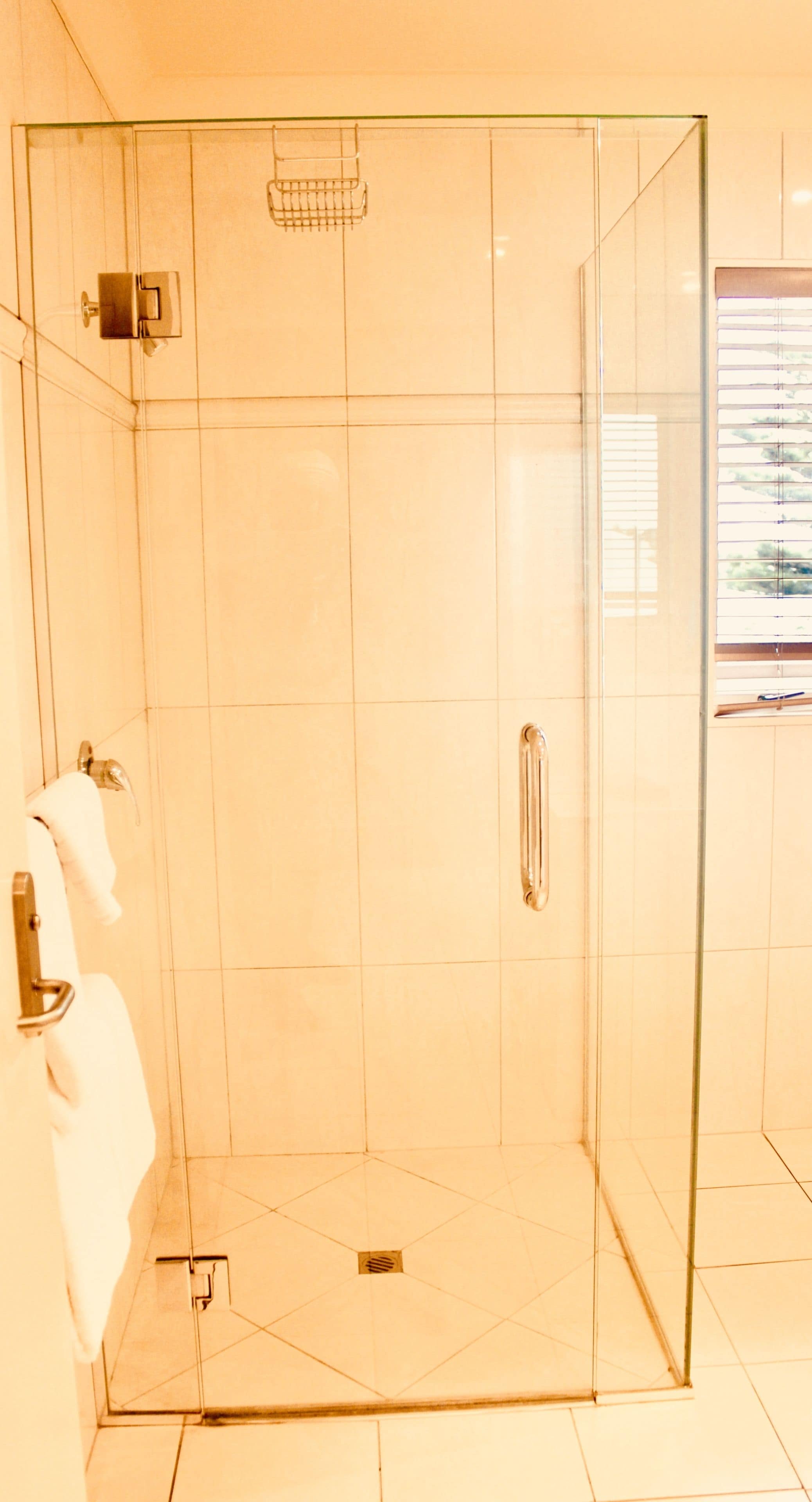 A glass-enclosed shower with a handheld showerhead, a towel rack, and a toilet visible to the left.