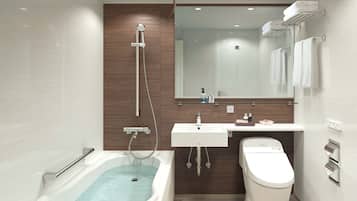 Combined shower/tub, jetted tub, designer toiletries, hair dryer