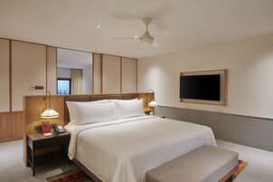 A hotel room with a large bed, bedside lamps, a ceiling fan, a TV mounted on the wall, and a view of the outside through a window.