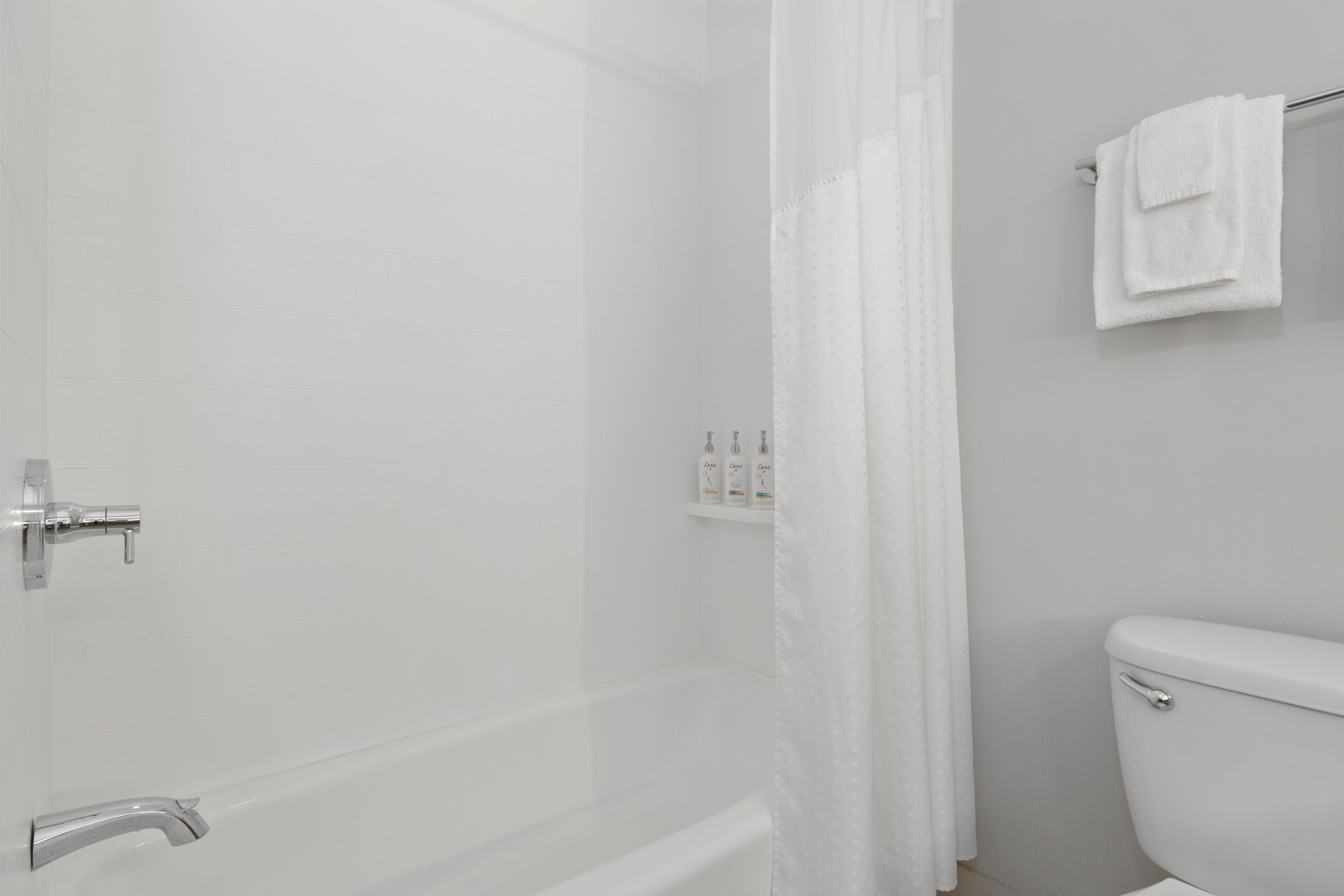 hair dryer, towels, soap, shampoo