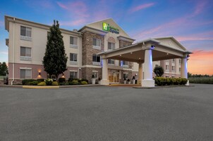 Un hotel Holiday Inn Express con entrada cubierta, varios pisos y un jardín frontal ajardinado.