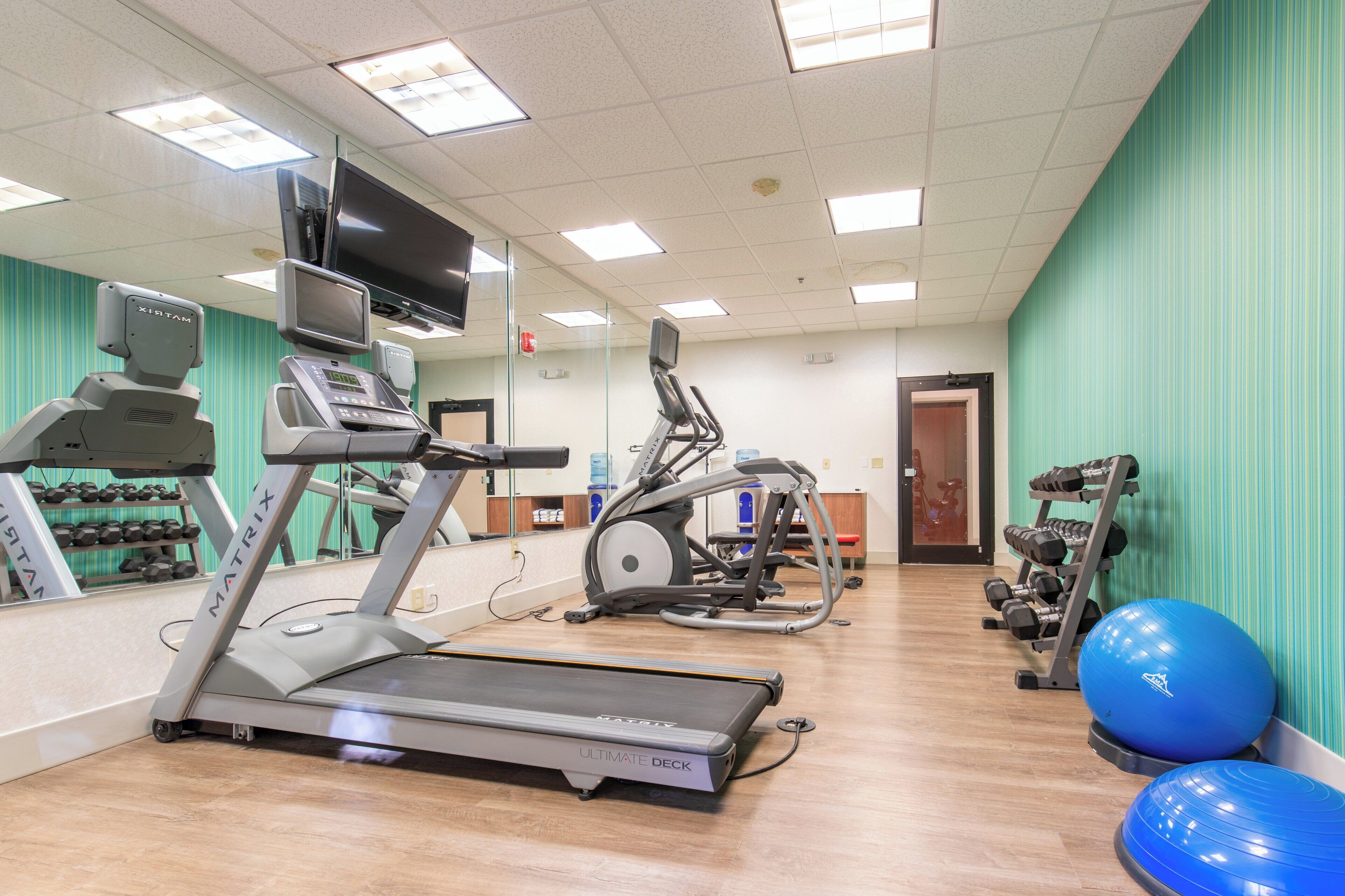 A gym with treadmills, elliptical machines, and free weights.