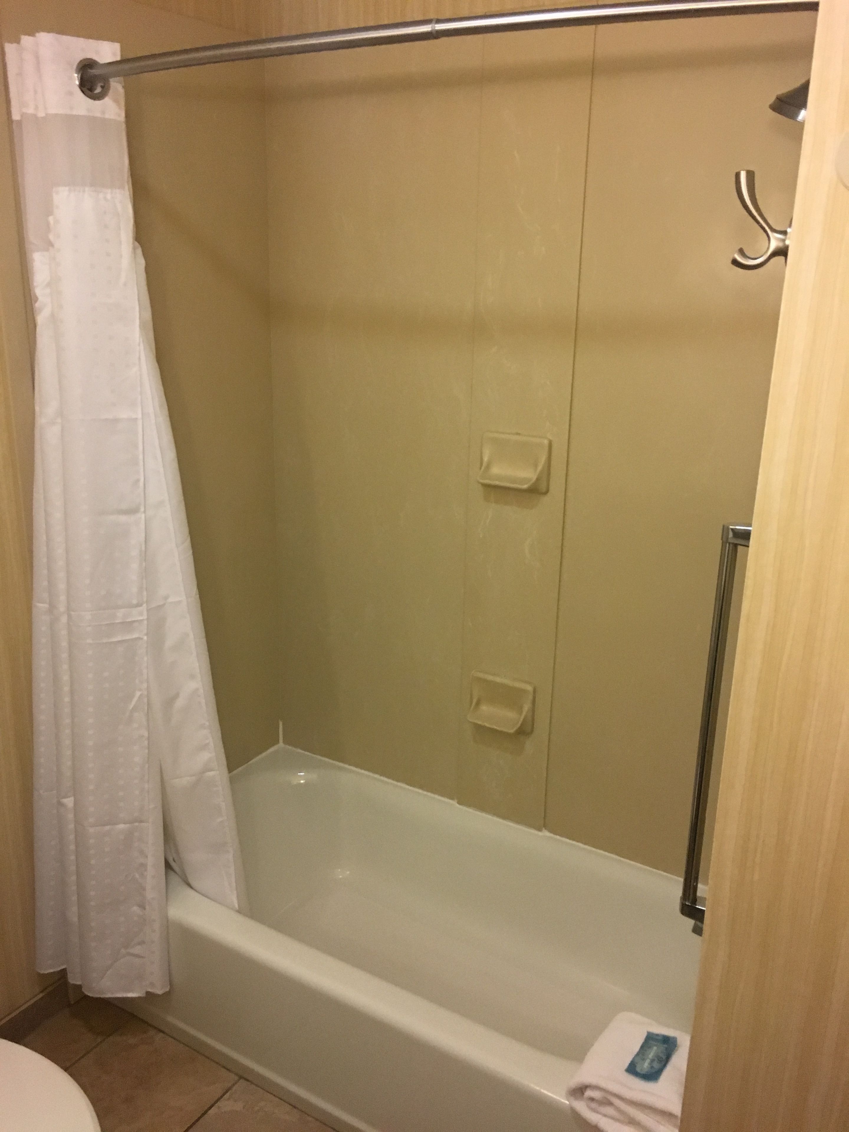 combined shower/bathtub, free toiletries, hair dryer, towels