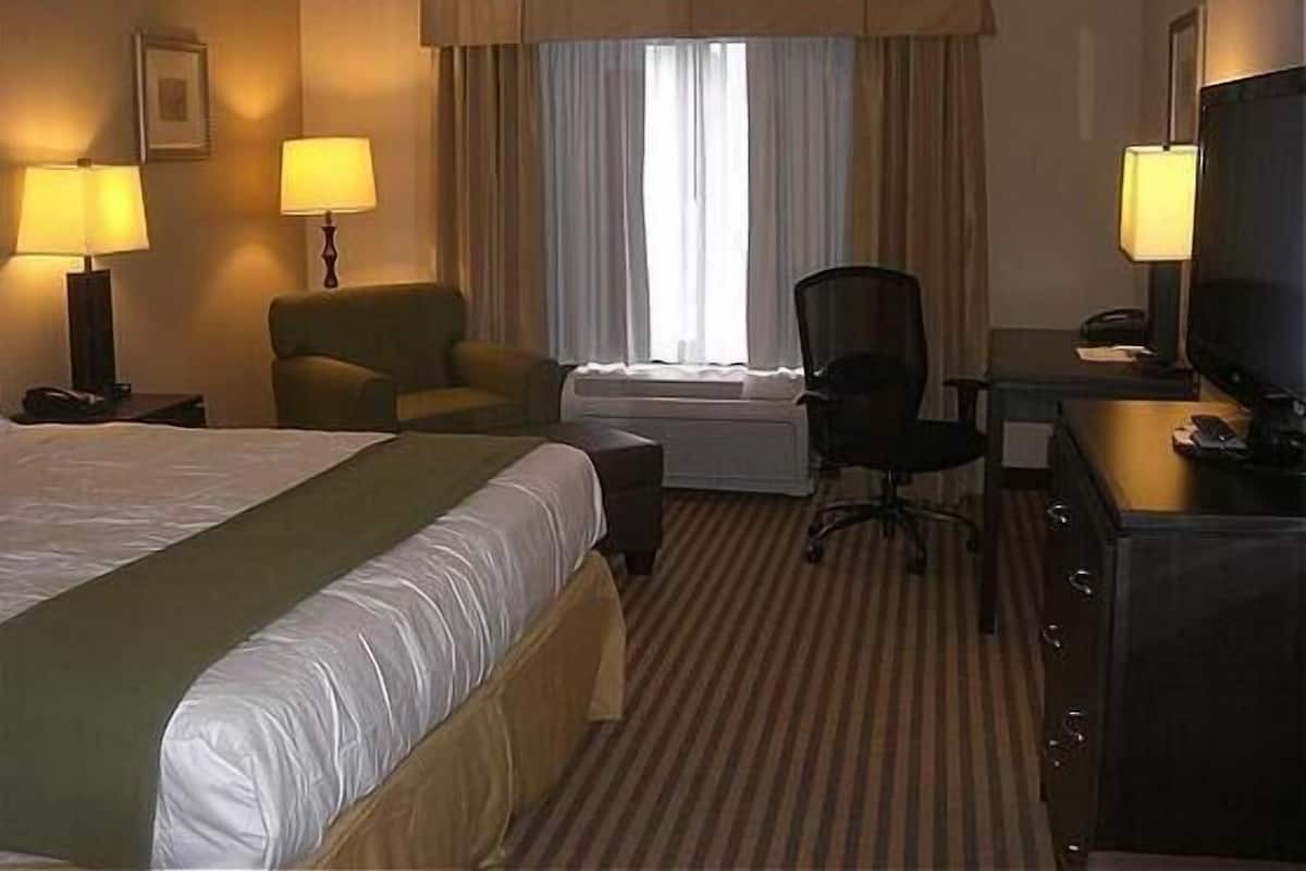 Habitación de hotel con una cama, dos sillones, un escritorio con silla, un televisor y una ventana con cortinas.