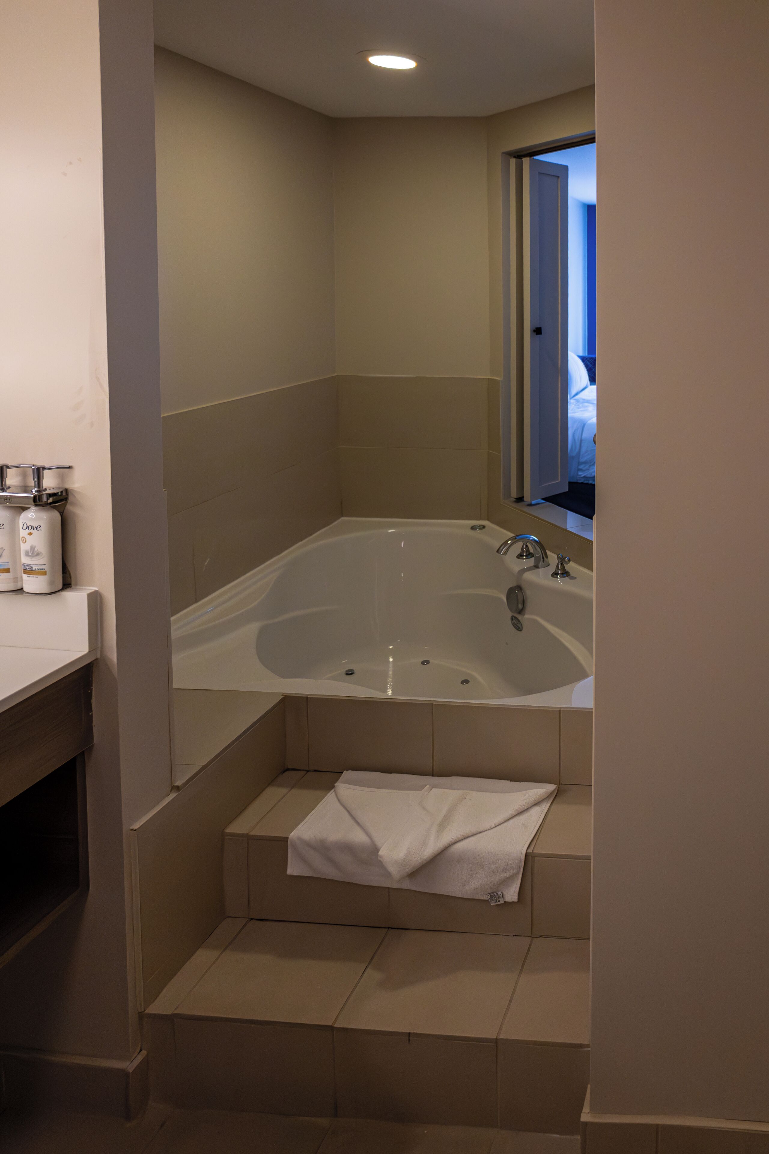 suite, 1 king bed, accessible bathtub, jetted tub | bathroom | combined shower/bathtub, free toiletries, hair dryer, towels