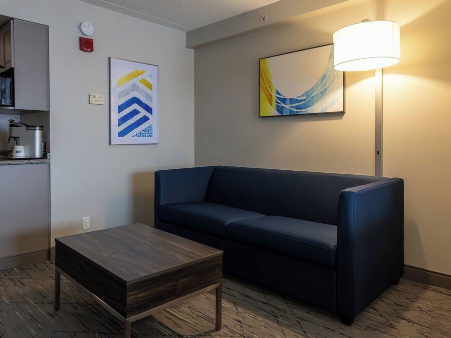 Een moderne hotelkamer met een donkerblauwe bank, een klein houten tafeltje, een lamp, een magnetron en een koffiezetapparaat.