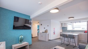 A modern apartment with a living room, kitchen, and dining area. - Homestead Villa Motel (Invercargill)