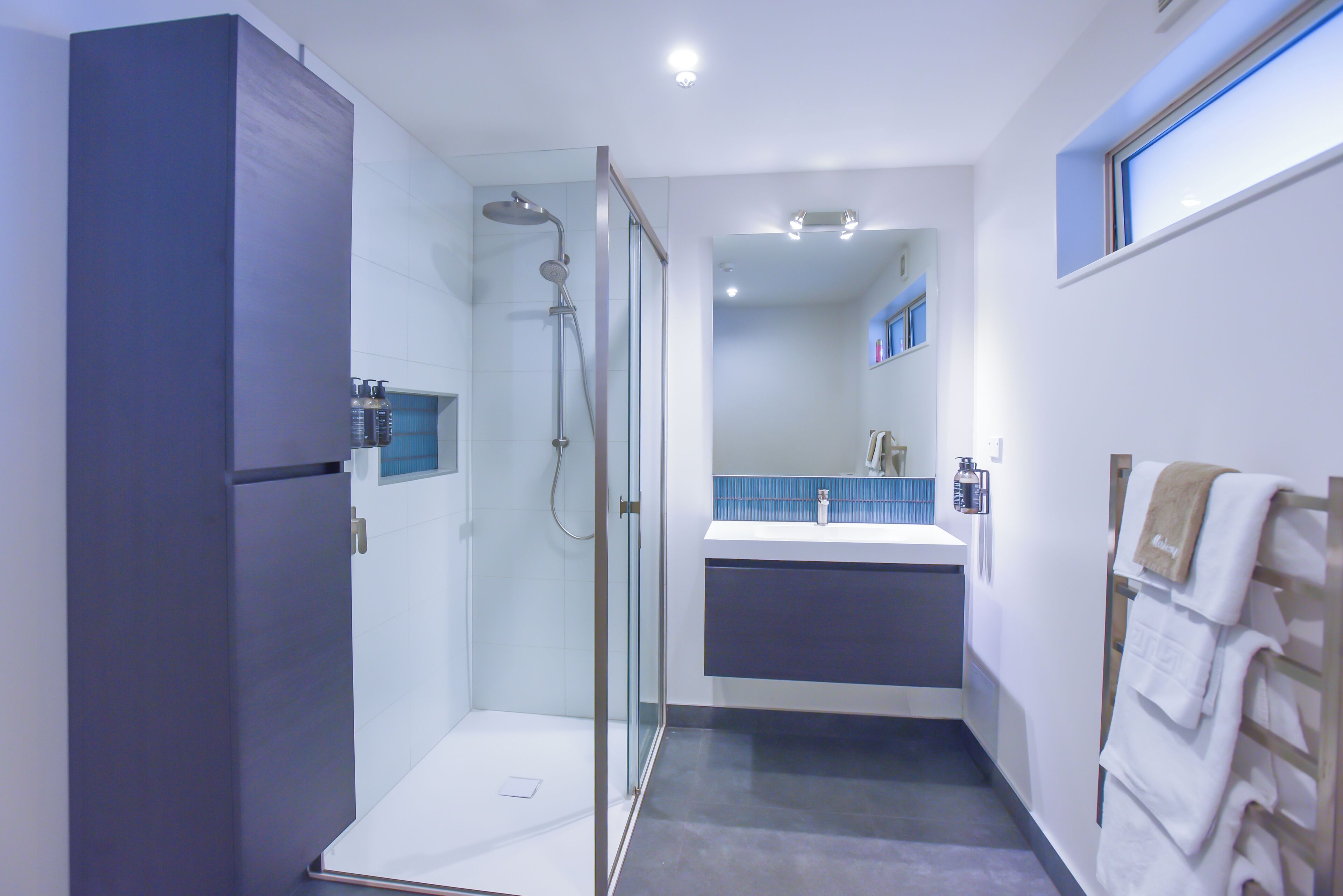 A modern bathroom with a glass-enclosed shower, a vanity with a mirror, and a towel rack.