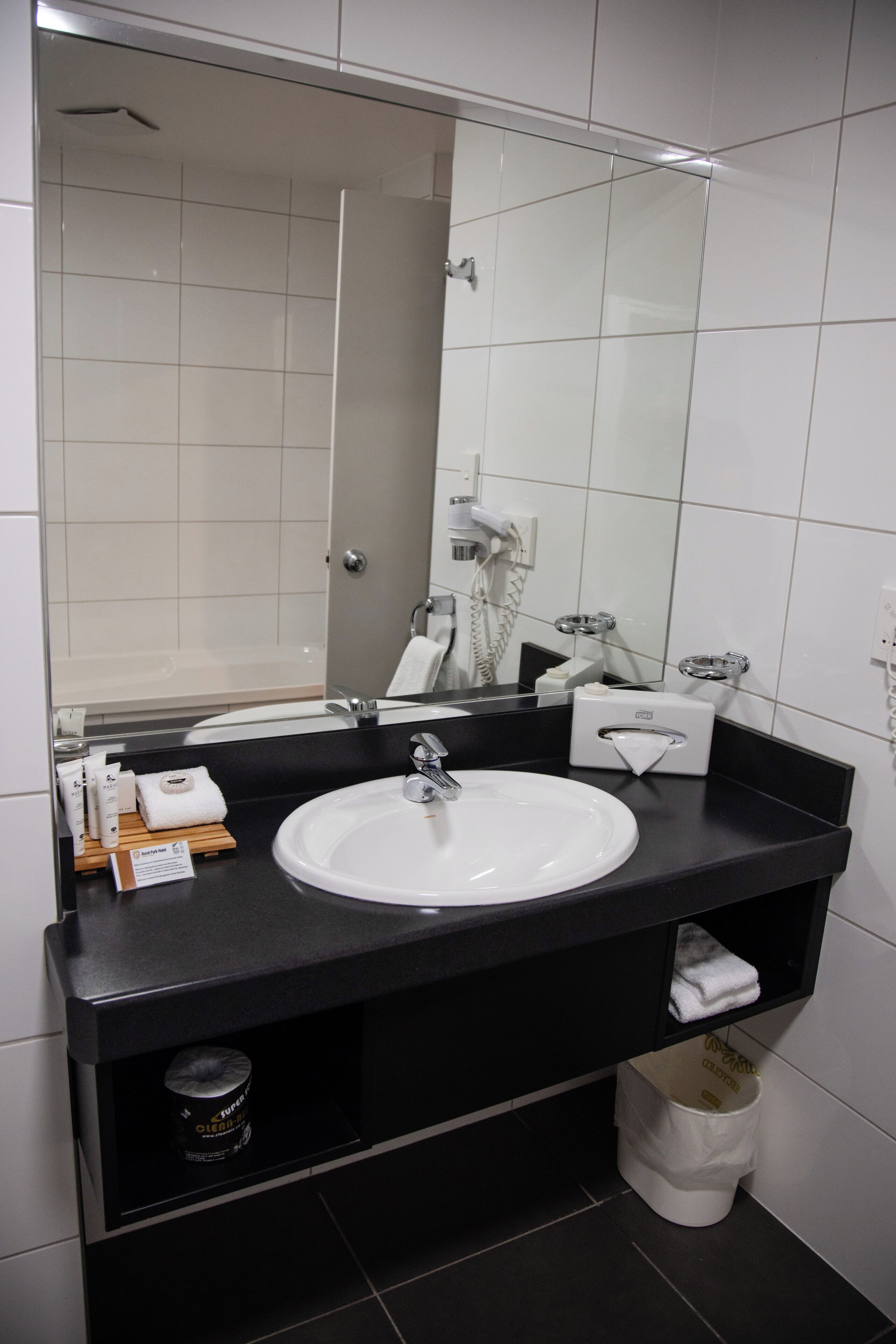 Une salle de bain moderne avec un lavabo blanc, un plan de toilette noir et un grand miroir.