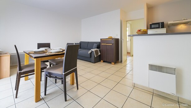 A modern living room with a dining area, a grey sofa, a small cabinet, and a kitchen area with a microwave.