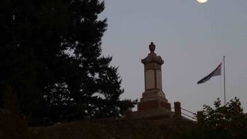 A monument with a flag on a hill.