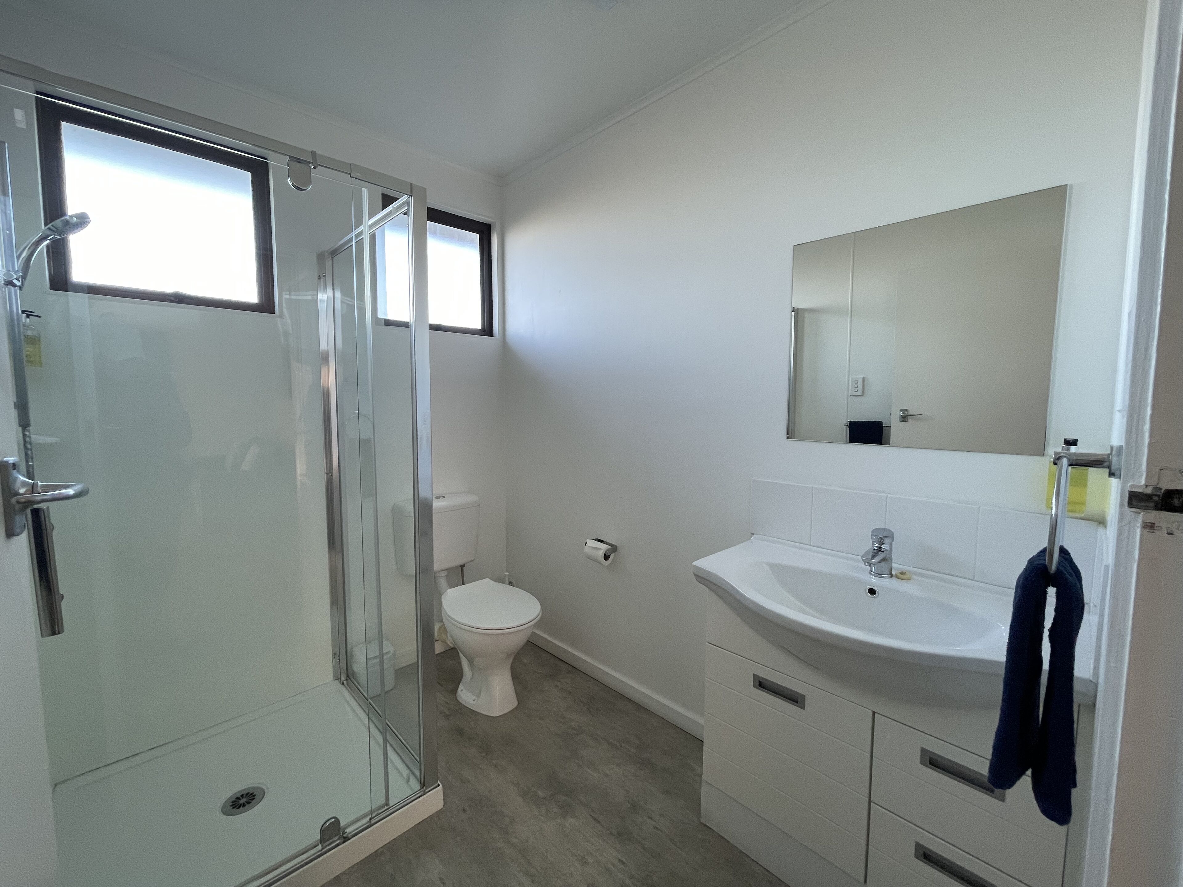 Un baño moderno con ducha envuelta en vidrio, inodoro y lavamanos con espejo sobre él.