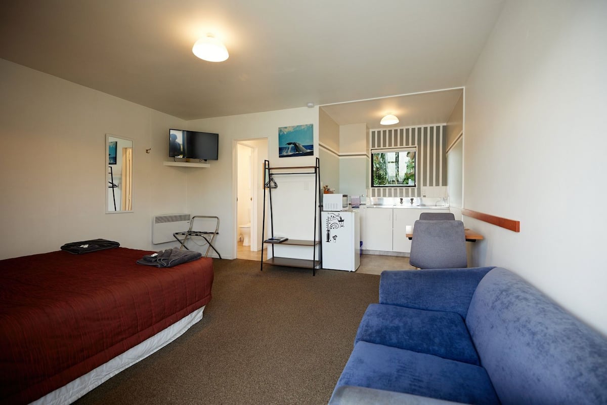 Quarto de hotel compacto com cama, sofá, cozinha compacta, televisão e vista para o exterior.