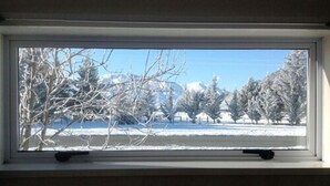 A window with a view of a snow-covered landscape, including trees and a clear sky. - Ahuriri Motels (Omarama)