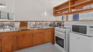 Fridge, microwave, electric kettle, toaster