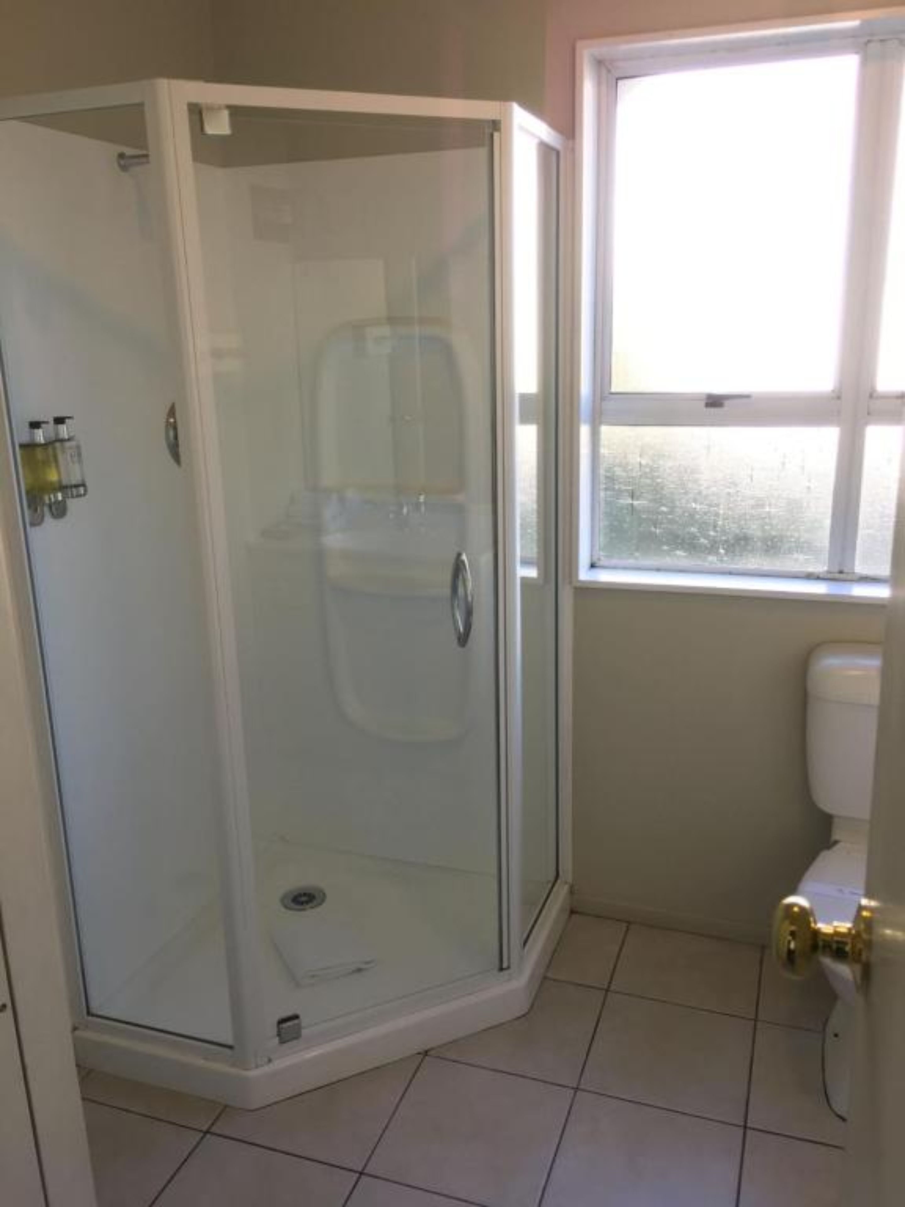 A bathroom with a glass-enclosed shower, a toilet, and a window providing natural light.