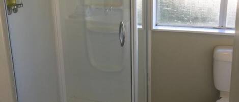 Un baño con ducha de vidrio, inodoro y ventana que proporciona luz natural.