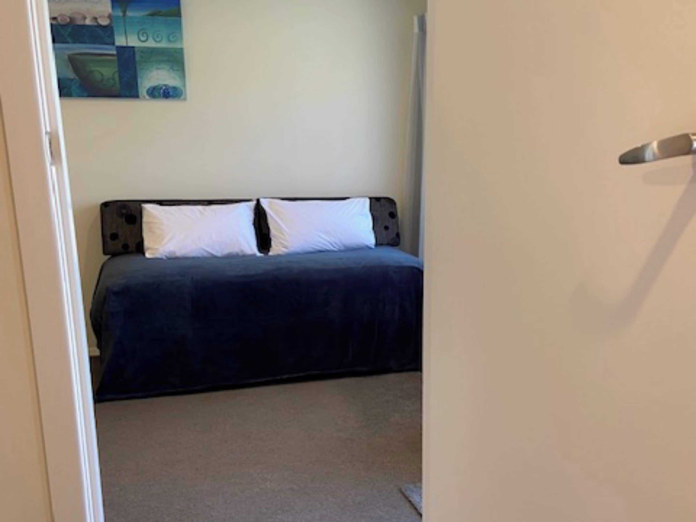 A bedroom with a bed, a door, and a painting on the wall.