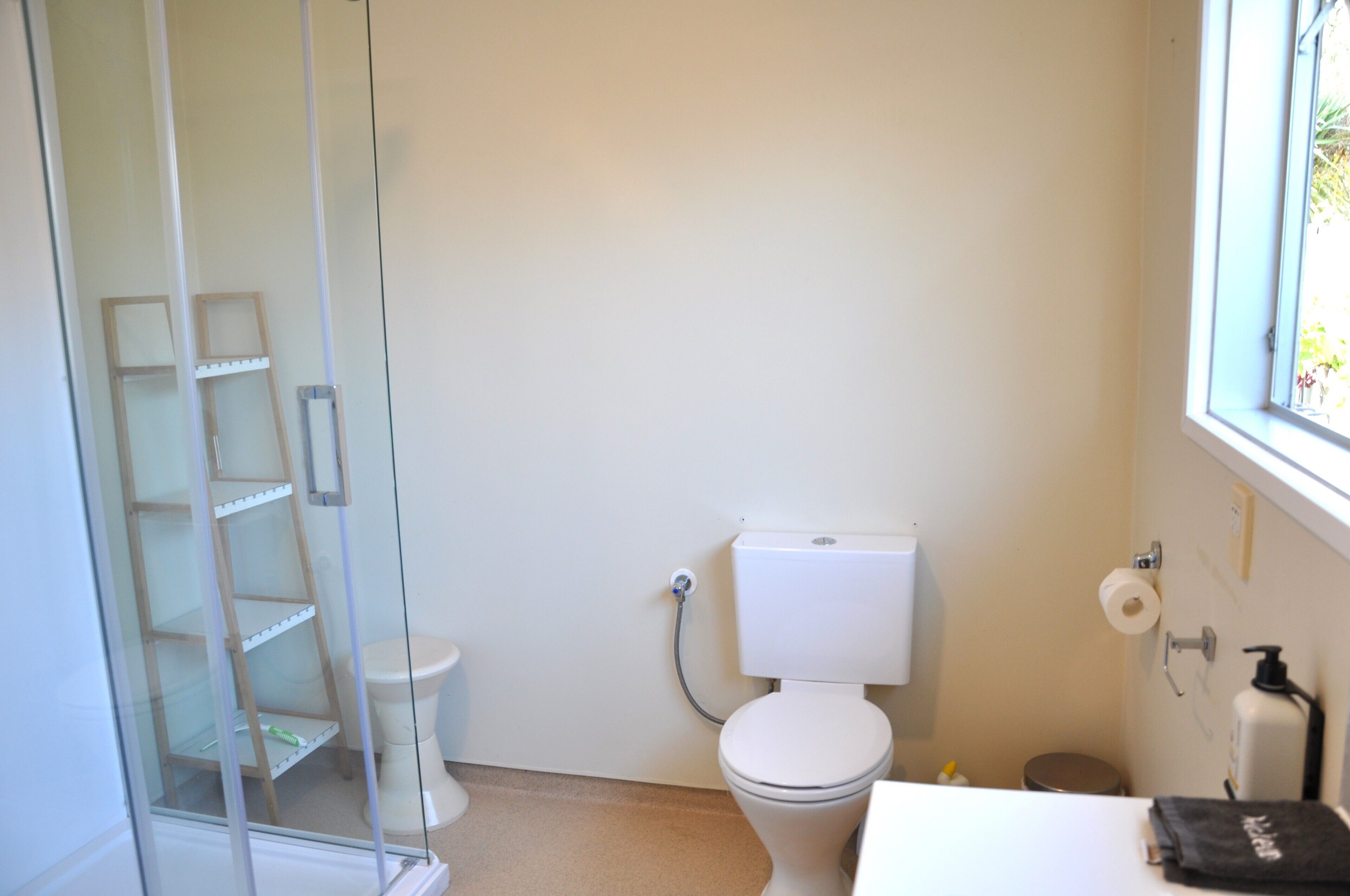 A bathroom with a toilet, a glass shower enclosure, a shelf unit, and a window.