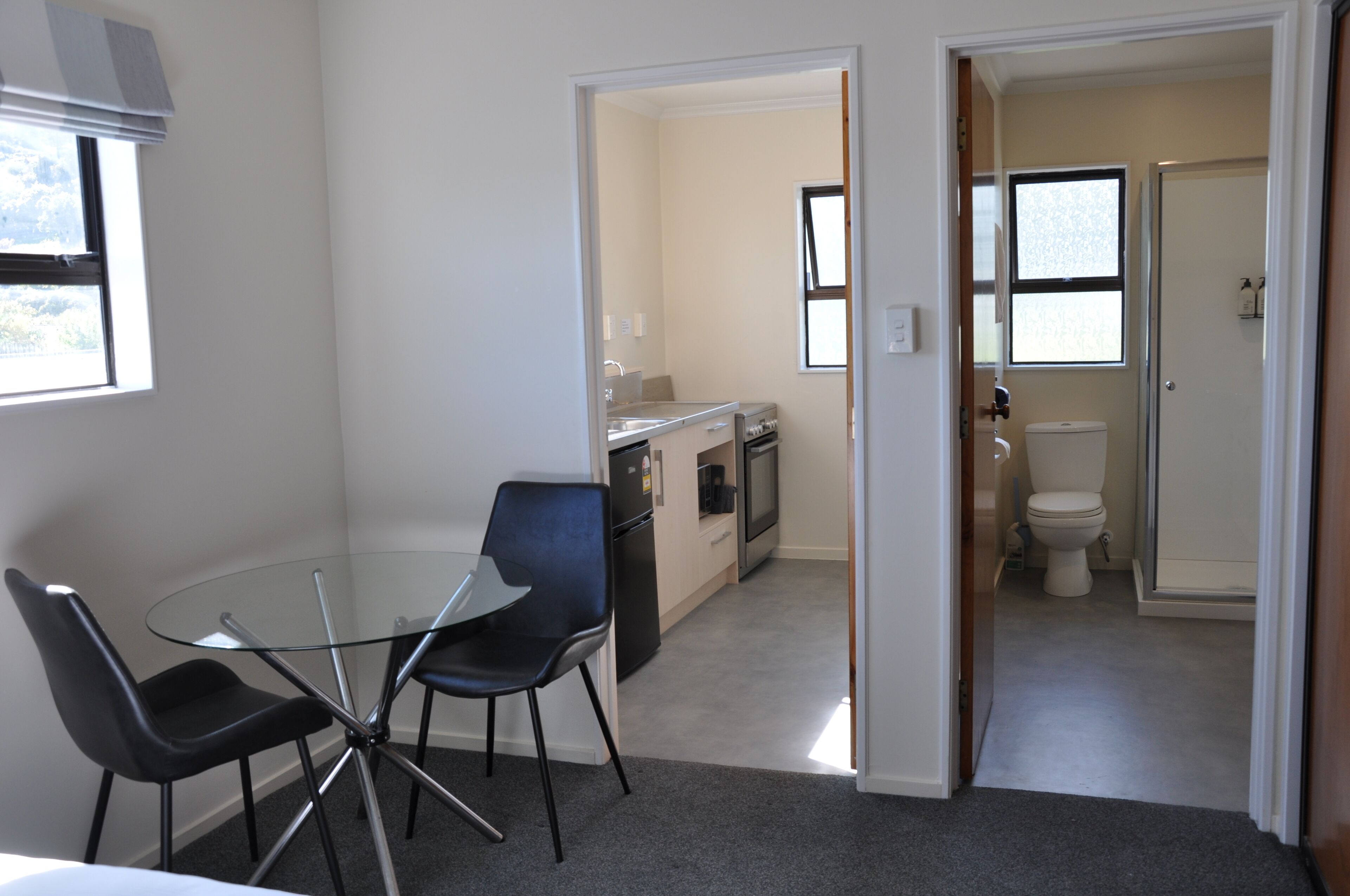 Un ambiente compatto con angolo ristoro, angolo cottura e bagno separato.