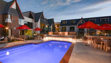 Outdoor pool, pool umbrellas, pool loungers