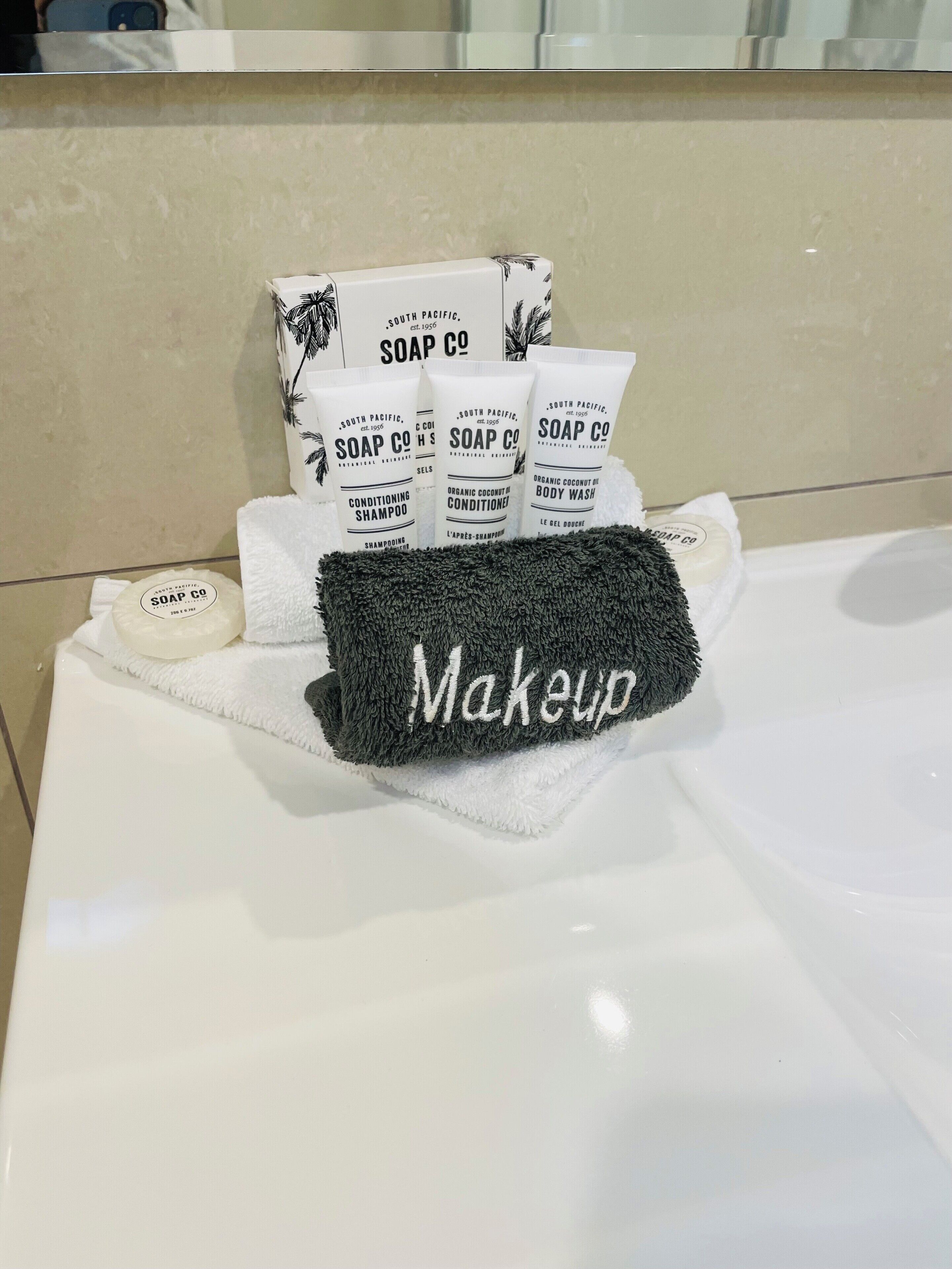 free toiletries, hair dryer, towels, soap