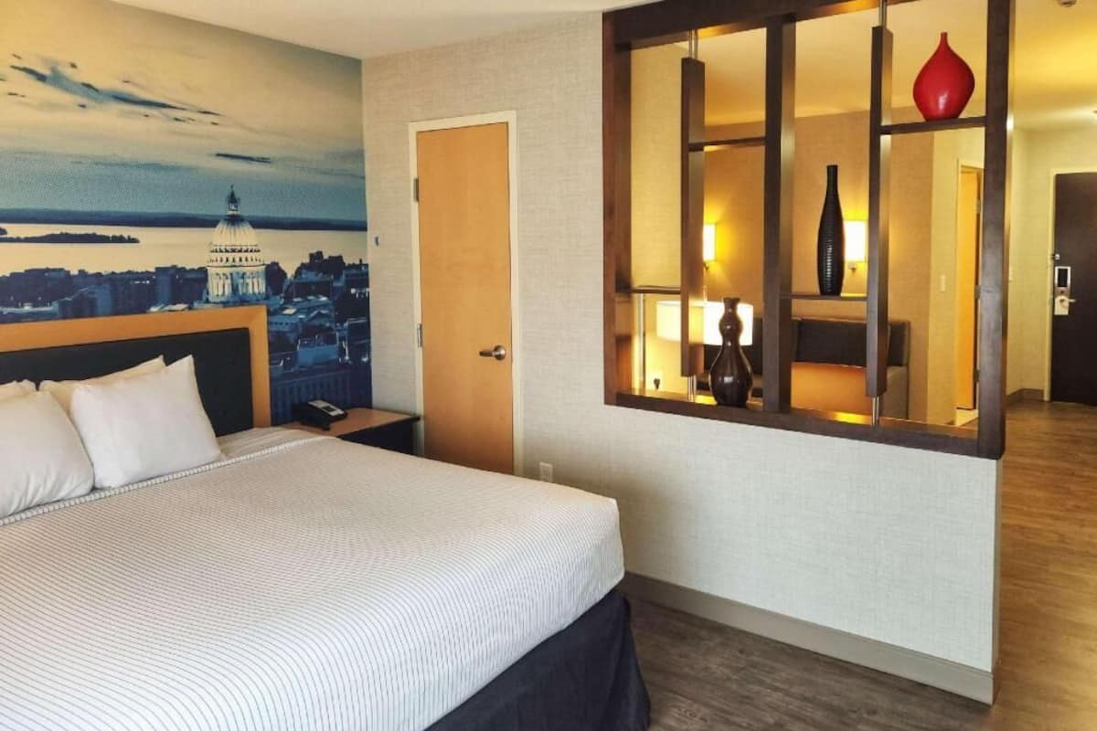 Habitación de hotel con una cama, un mural de la ciudad, un espejo con un florero y una puerta.