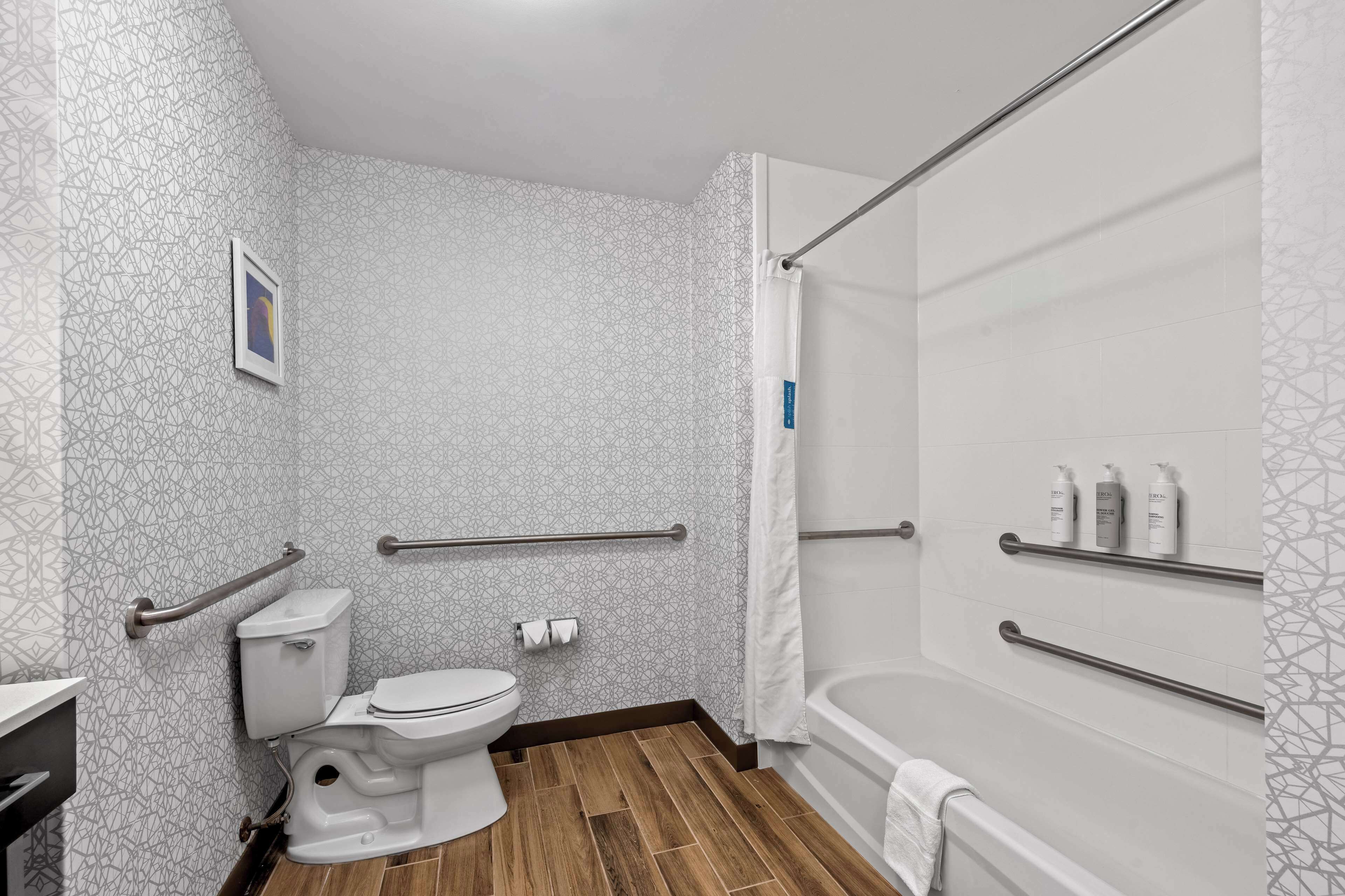 A modern bathroom with a toilet, shower, and handrails.
