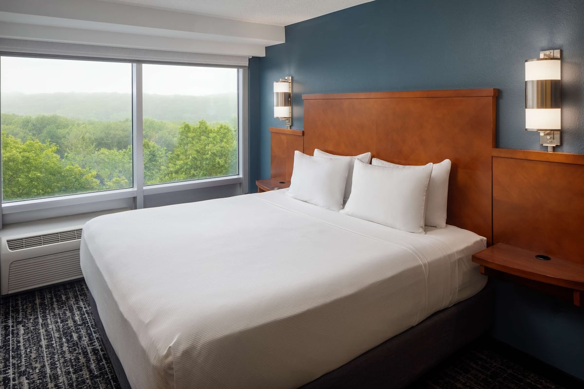 Une chambre d’hôtel avec un grand lit, deux tables de chevet, une commode, une fenêtre donnant sur un espace verdoyant et des lampes fixées au mur.