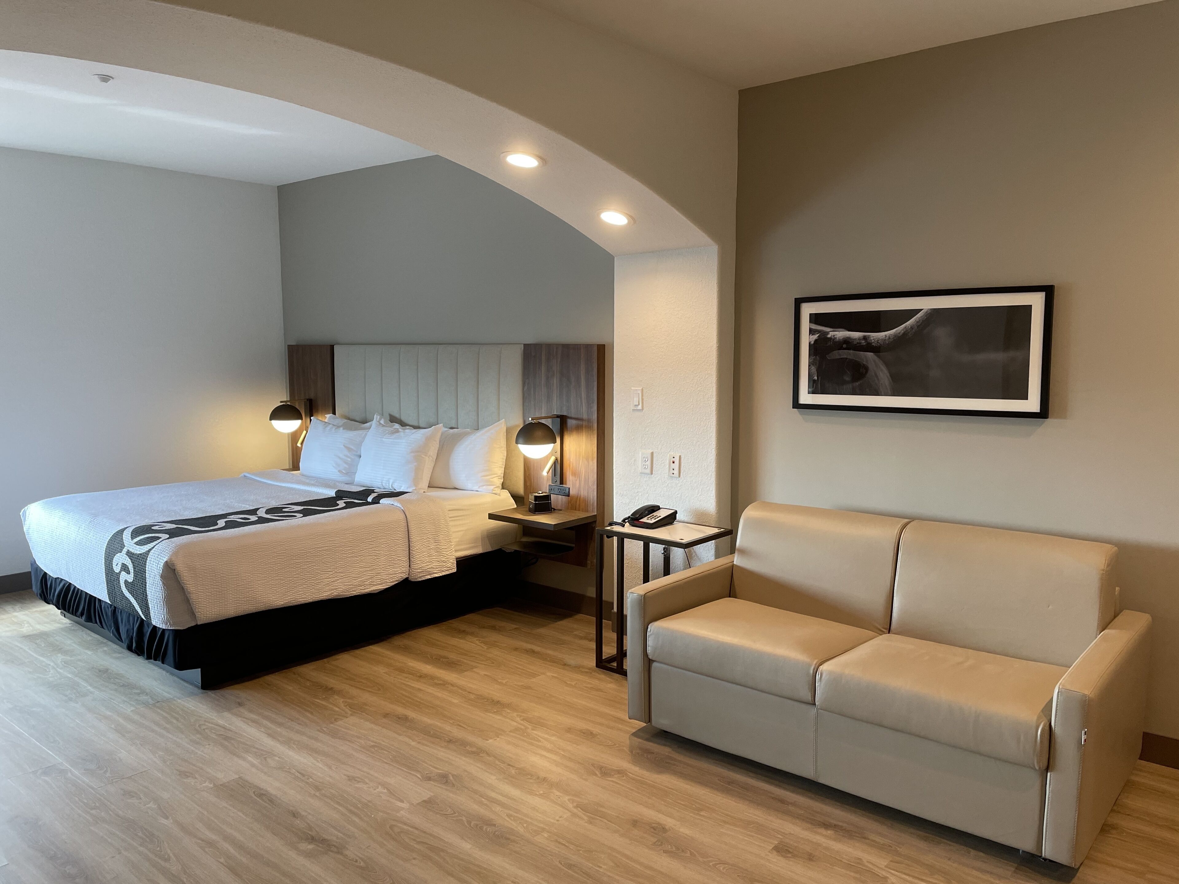Quarto de hotel com uma cama, um sofá, uma escrivaninha com telefone e um quadro na parede.