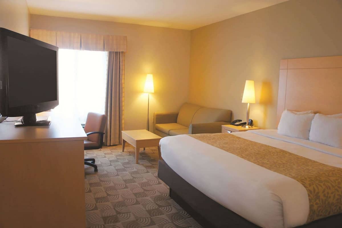 Una habitación de hotel con una cama, un escritorio, una silla, un televisor y dos lámparas.