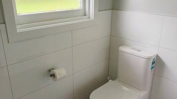 Een kleine, schone badkamer met toilet, toiletrolhouder en een raam met gezandstraald glas.