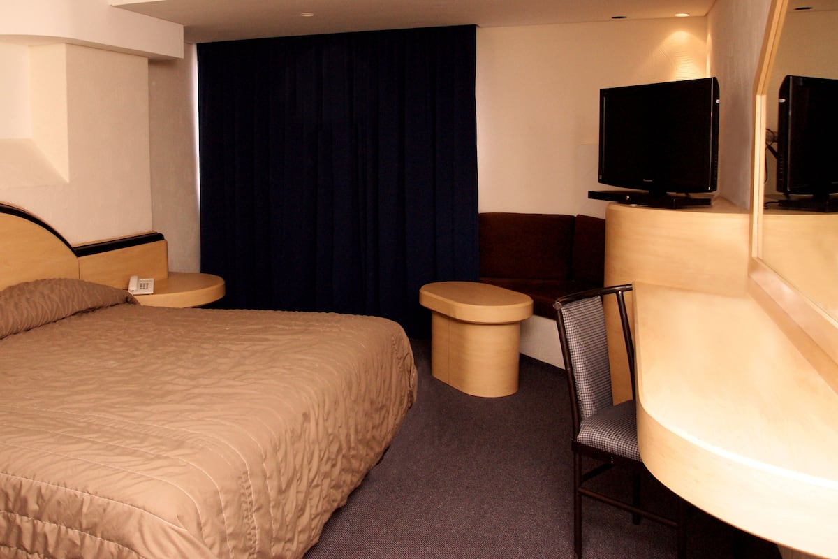 Una habitación de hotel con una cama, un escritorio, una silla, un televisor y una cortina.