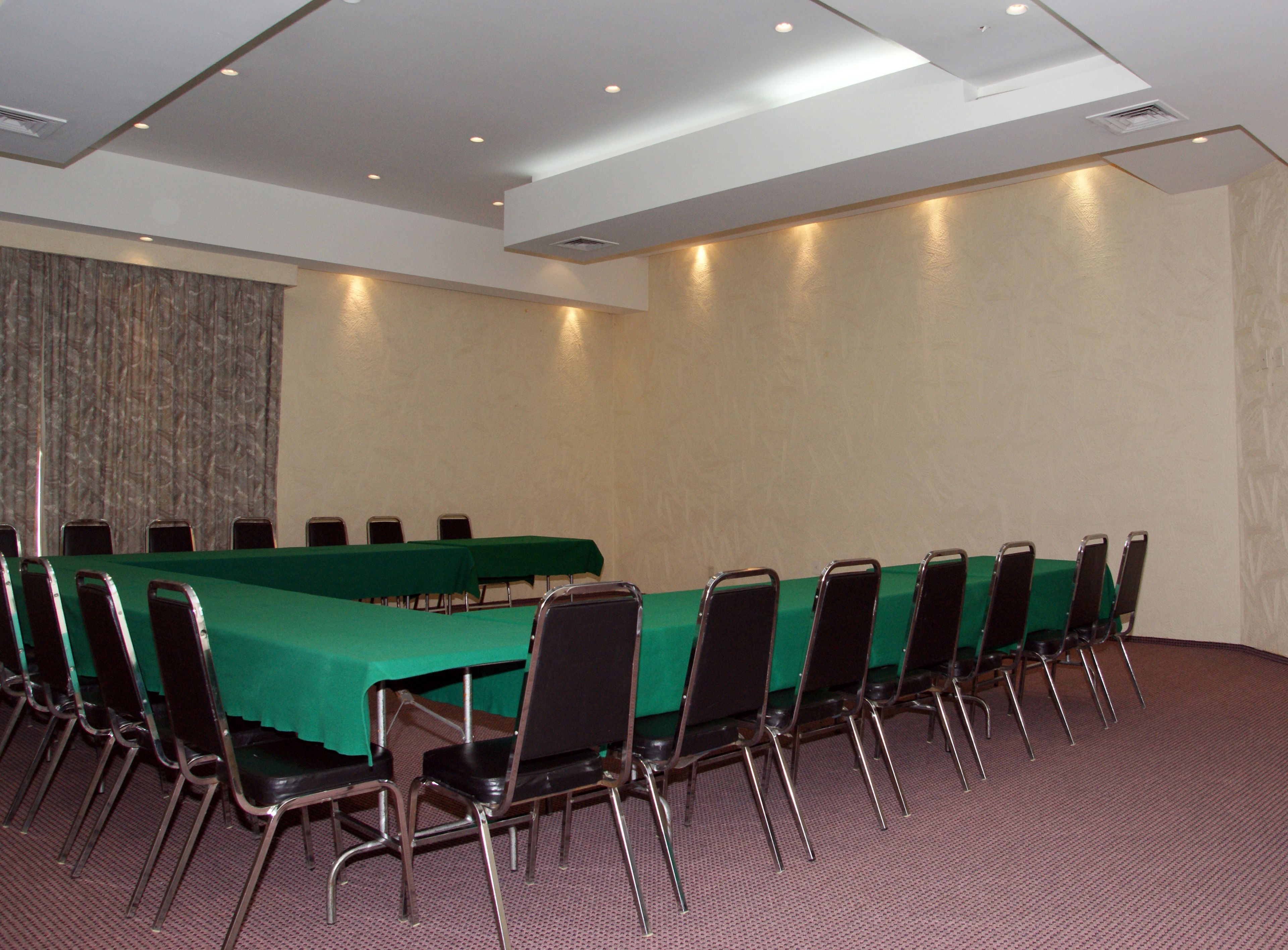 A conference room with a long table and chairs, a patterned curtain, and a carpeted floor.