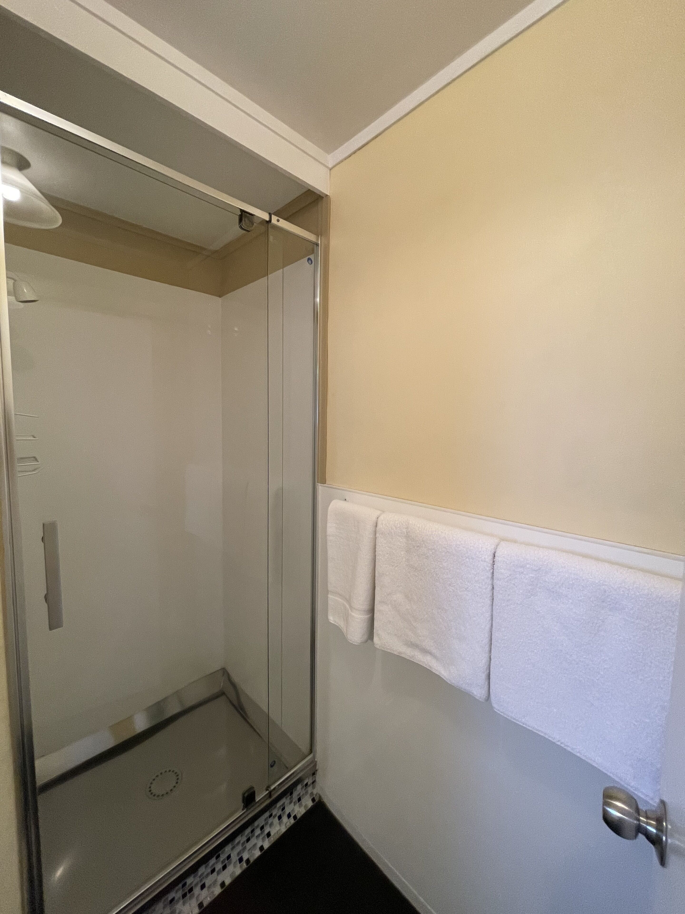 Un baño con cabina de ducha de vidrio, un perchero con dos toallas blancas y una puerta con pomo plateado.