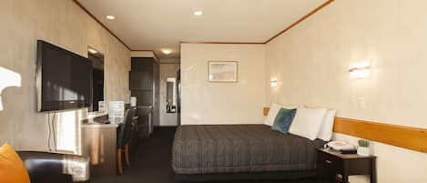 A hotel room with a bed, a desk, a TV, and a small plant.