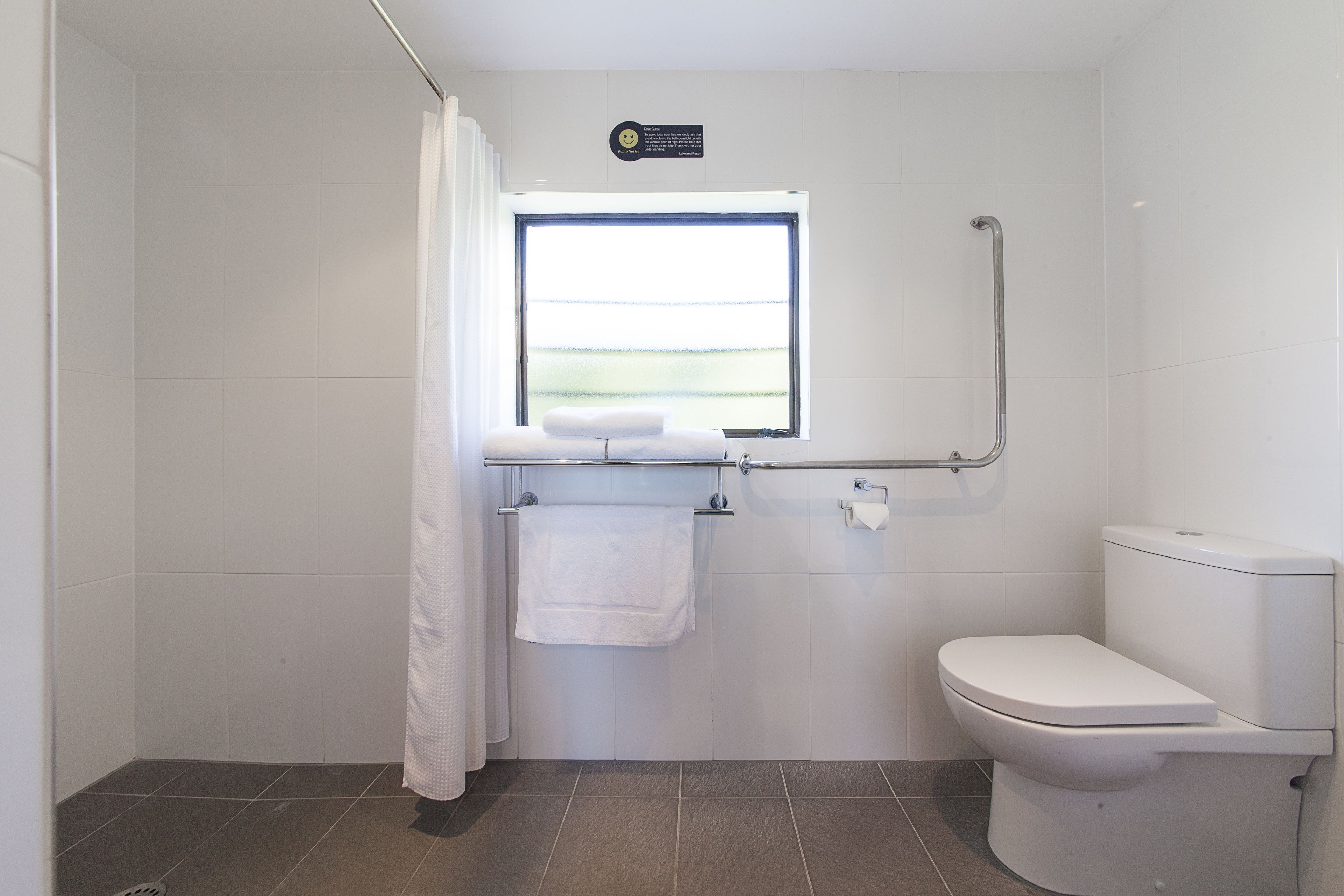 A bathroom with a window, a toilet, and a shower area.