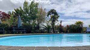 Una piscina con borde de ladrillo, rodeada de abundante vegetación y árboles.