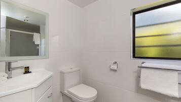 A modern bathroom with a white sink, toilet, and a large mirror.