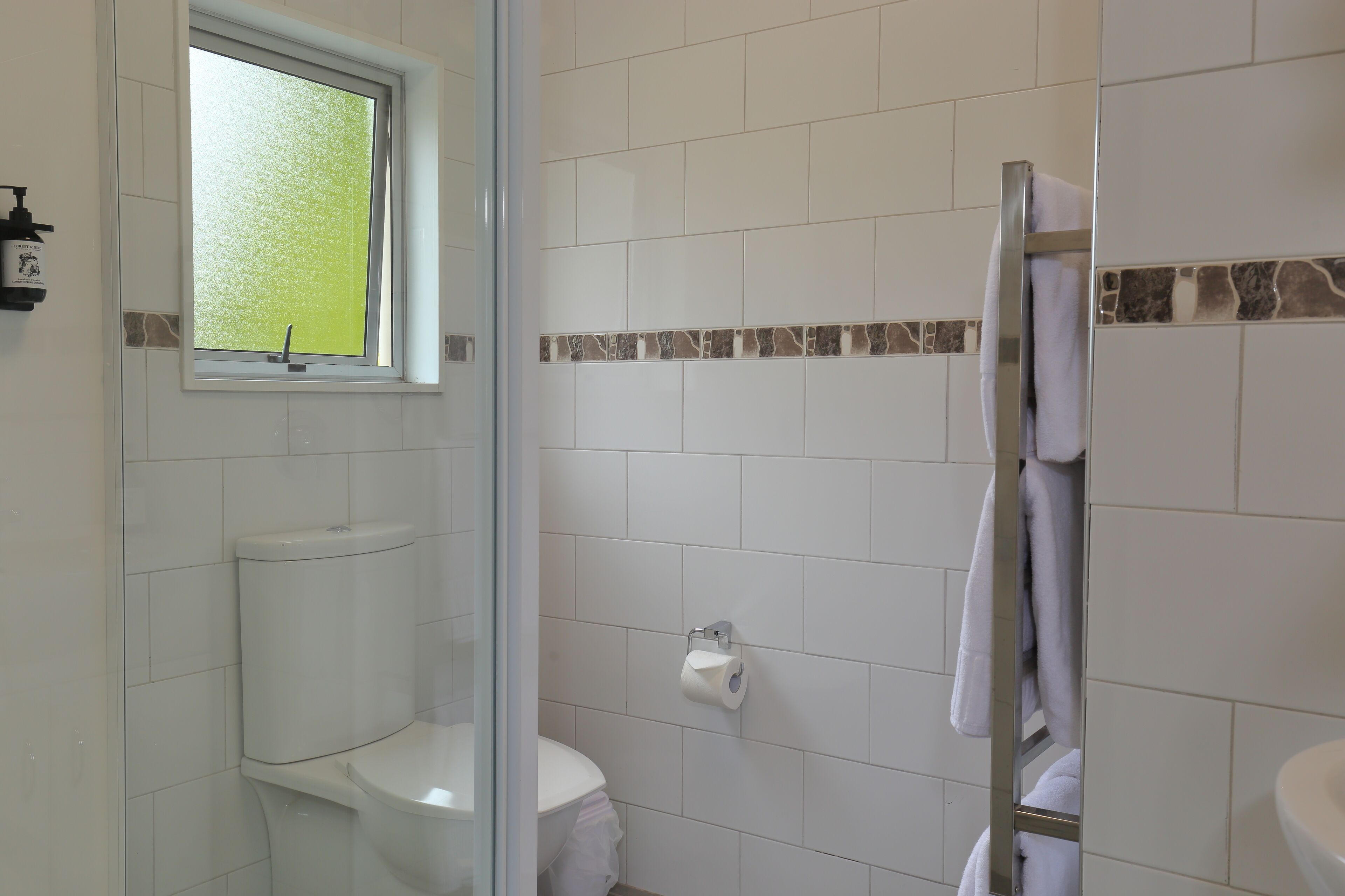 A bathroom with a toilet, a glass shower enclosure, and a towel rack.