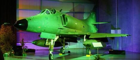 Un avion militaire vert est exposé dans un hangar.