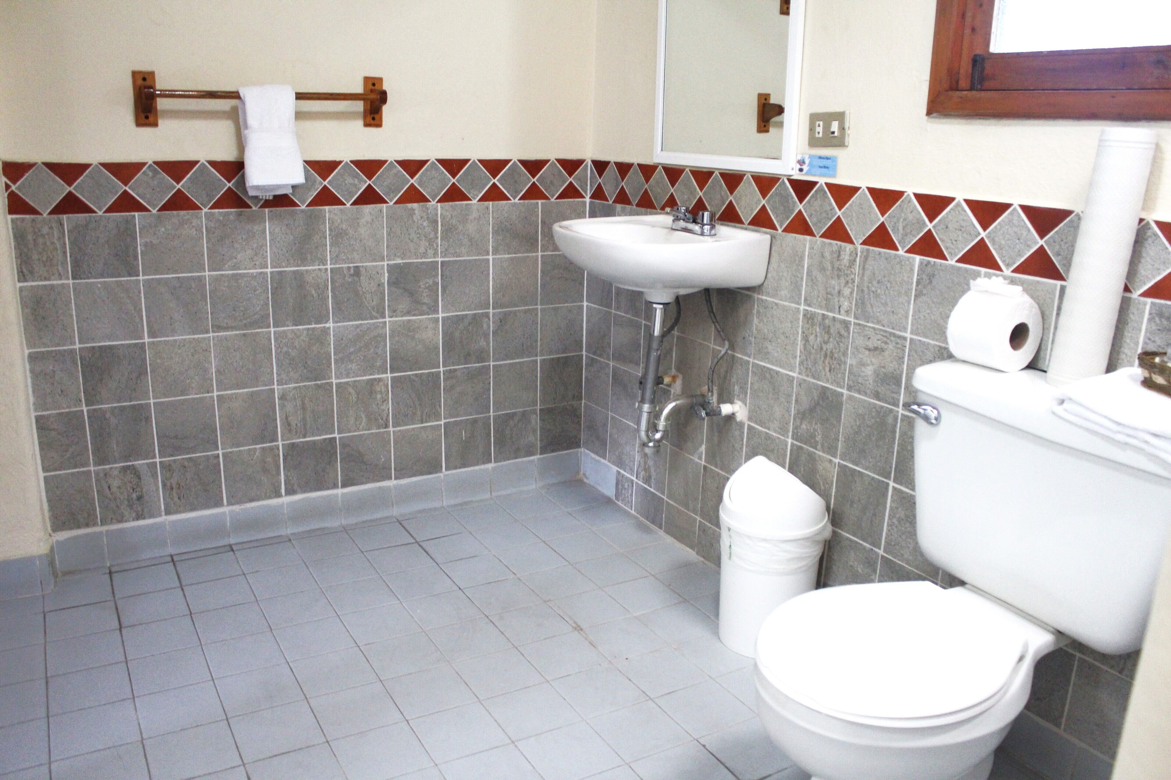 Un baño con lavamanos blanco, inodoro y toallero con una toalla.