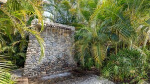 Un muro de piedra con una pequeña cascada, rodeado de exuberante vegetación tropical.